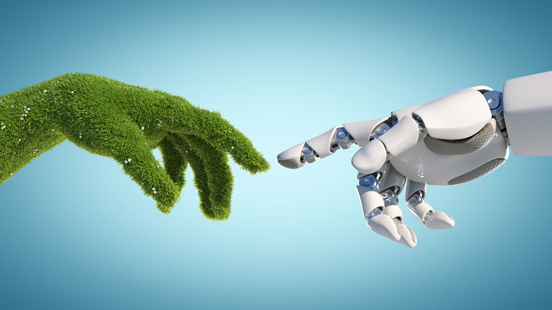 Nature and technology abstract concept, robot hand and natural hand covered with grass reaching to each other, tech and nature union, cooperation, 3d rendering - Illustration 