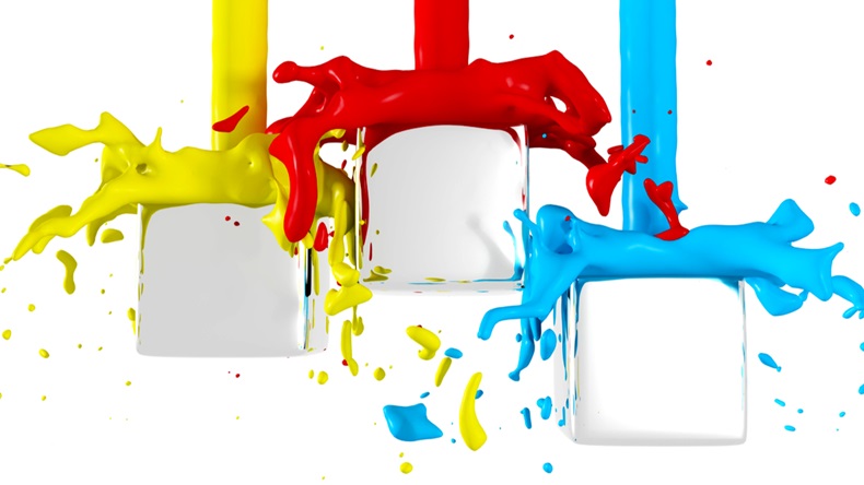 colored 3 d liquid splash into three white metallic cubes, could be used for frame, banner and other things