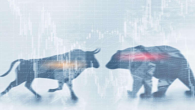 Bull and bear on stock market backdrop 