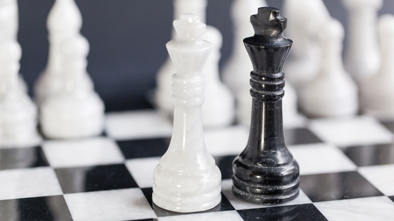 Chess Kings facing each other as a business concept - merger & partnership, or showdown, corporate takeover, strategy, competition, opposition, confrontation, politics, leadership, challenge, survival