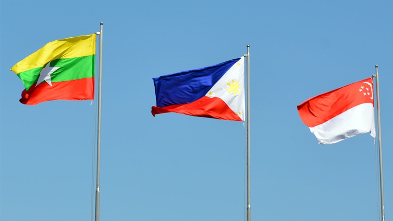 Myanmar, Philippines, Singapore, Asean Large Fabric Flags, Blue Sky, Windy Day