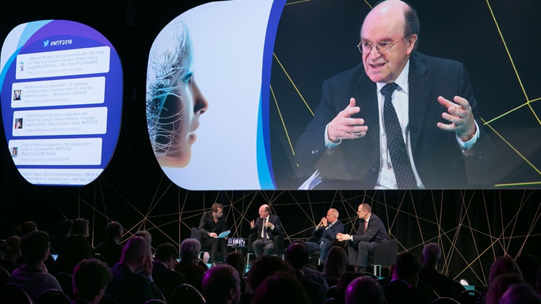 CEOs’ panel at MTF 2018: Jean-Luc Bélingard speaking with AdvaMed’s Nadim Yared and Siemens Healthineers’ CEO Bernd Montag to his right.